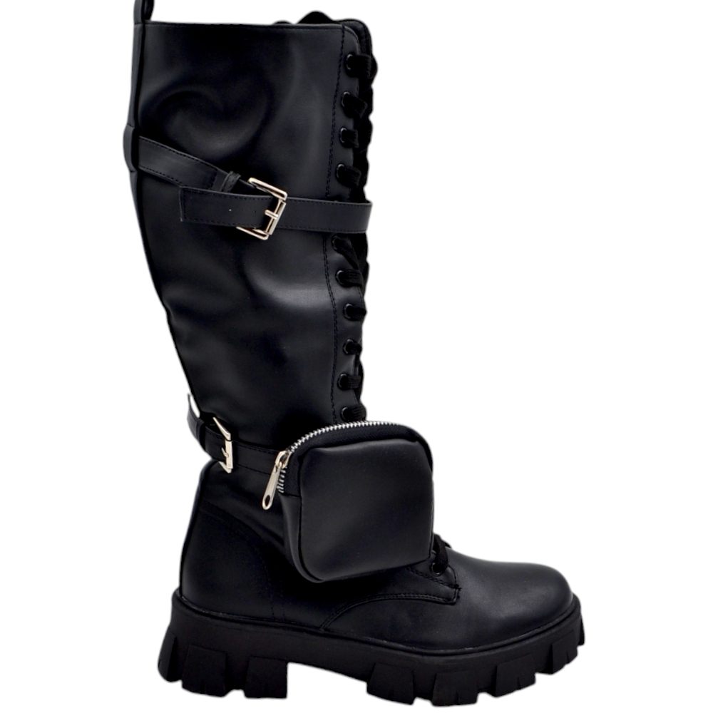 Stivali anfibi donna con laccio platform fondo alto 4,5 cm altezza ginocchio doppia fibbia con marsupio zip tendenza.