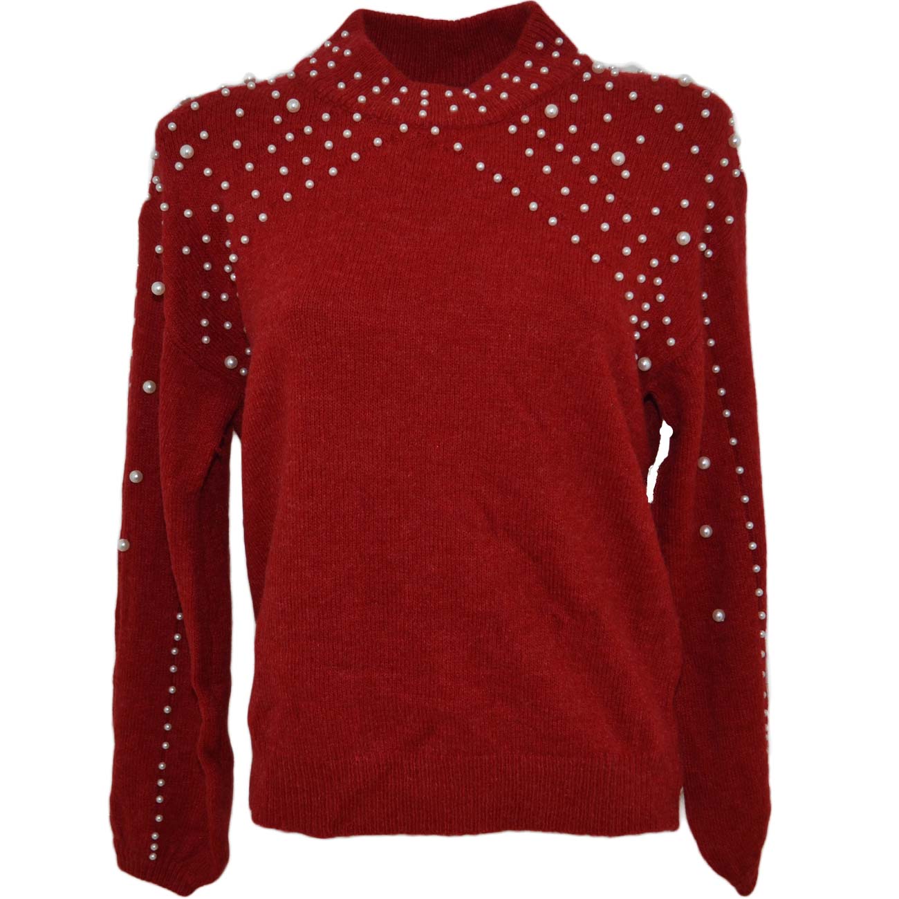  Pull maglione donna rosso con manica a palloncino e perline con filatura stretta bianche moda tendenza