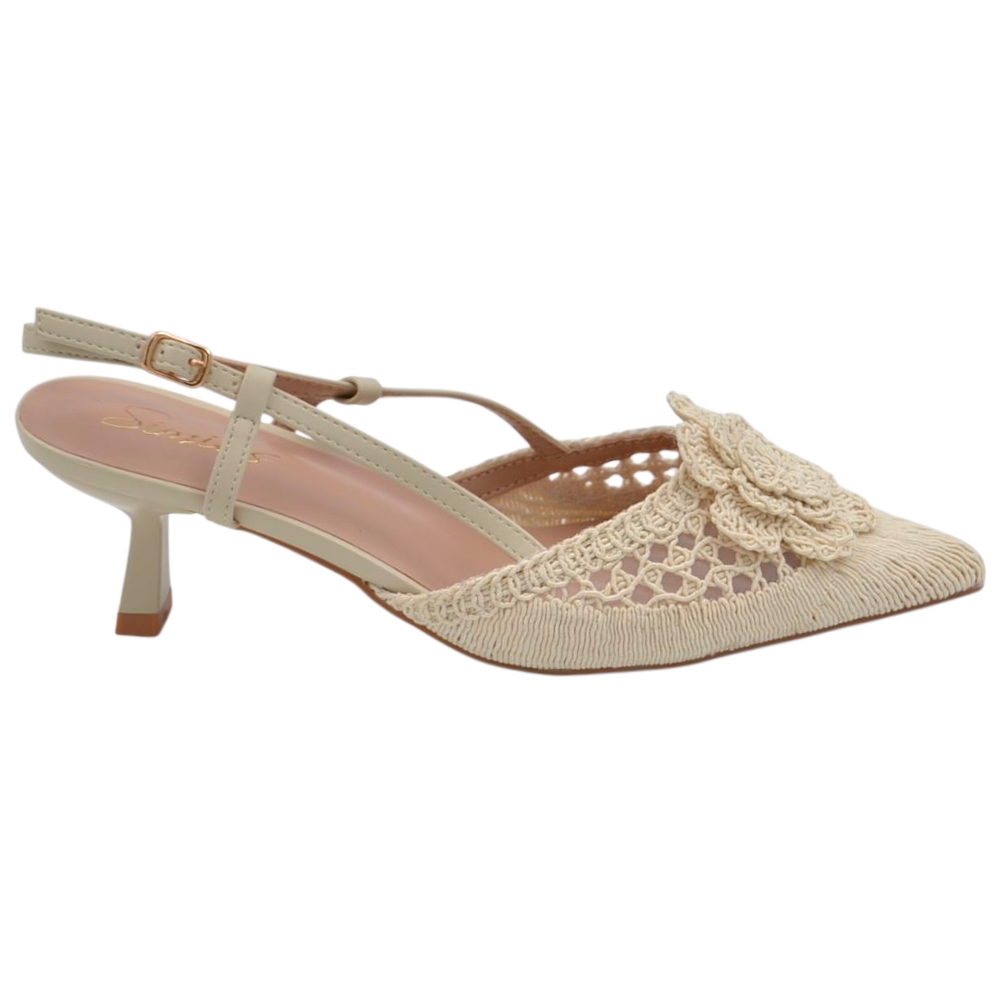 Decollete donna a punta slingback beige in tessuto intrecciato e fiore tacco sottile 5cm e cinturino regolabile caviglia.