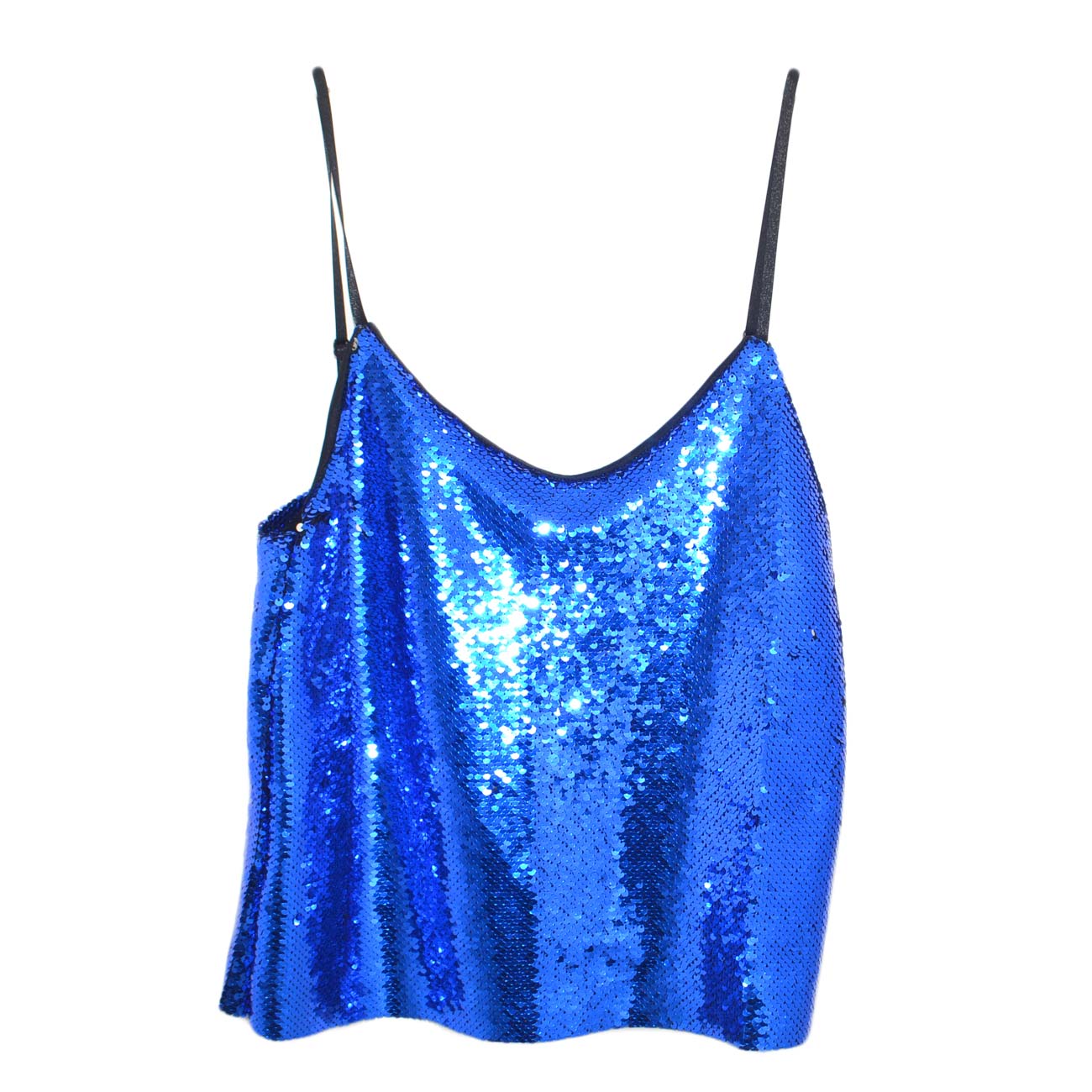 Maglia top donna paillettato con bretelle regolabili bicolore blu elettrico e argento moda luxury glam