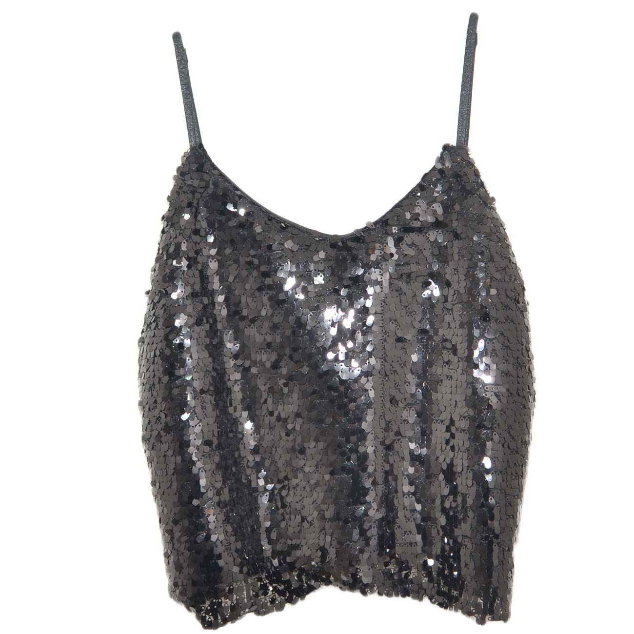 Maglia top donna paillettato corto nero con bretelle regolabili moda luxury glamour