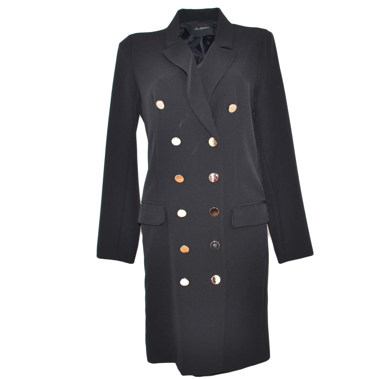 Vestito blazer giacca doppio petto nero doppio petto a manica lunga con bottone oro e spacco moda glamour