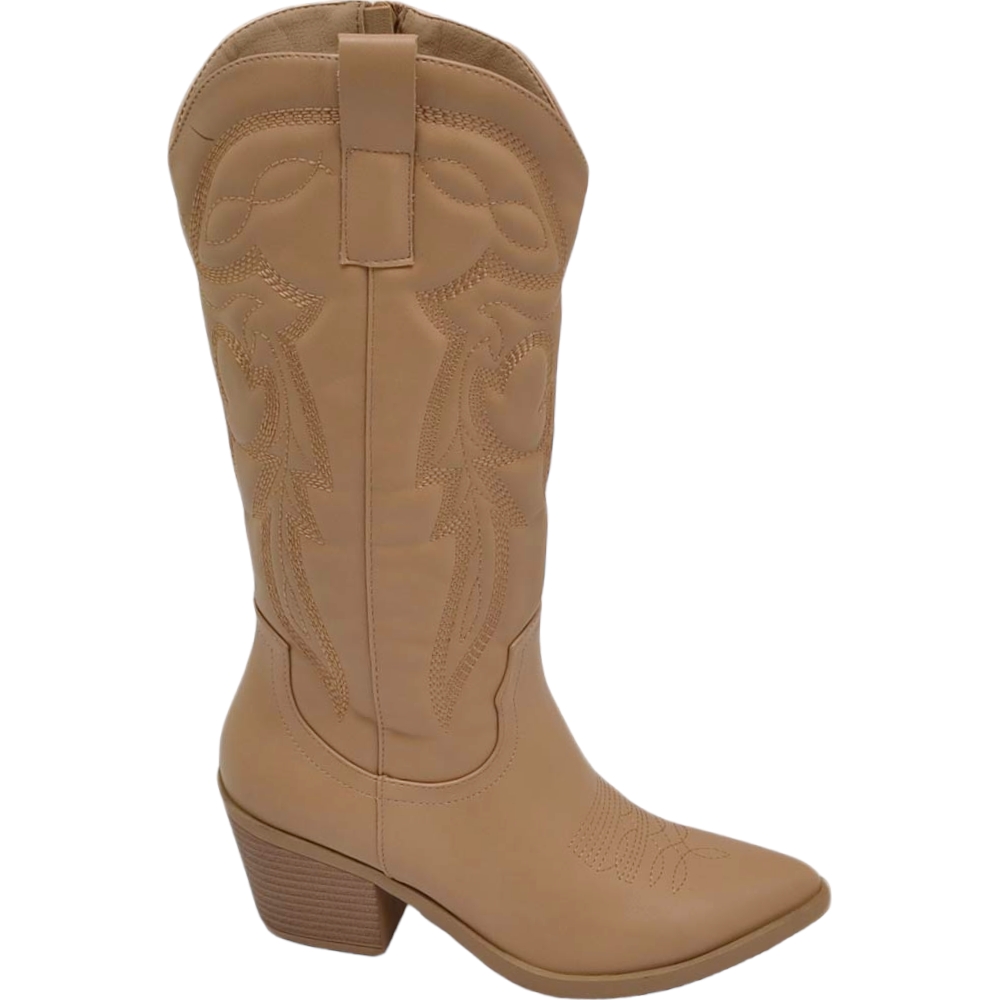 Stivali donna camperos beige texani stile western con cuciture in rilievo fulmine tacco legno 5 cm con zip laterale