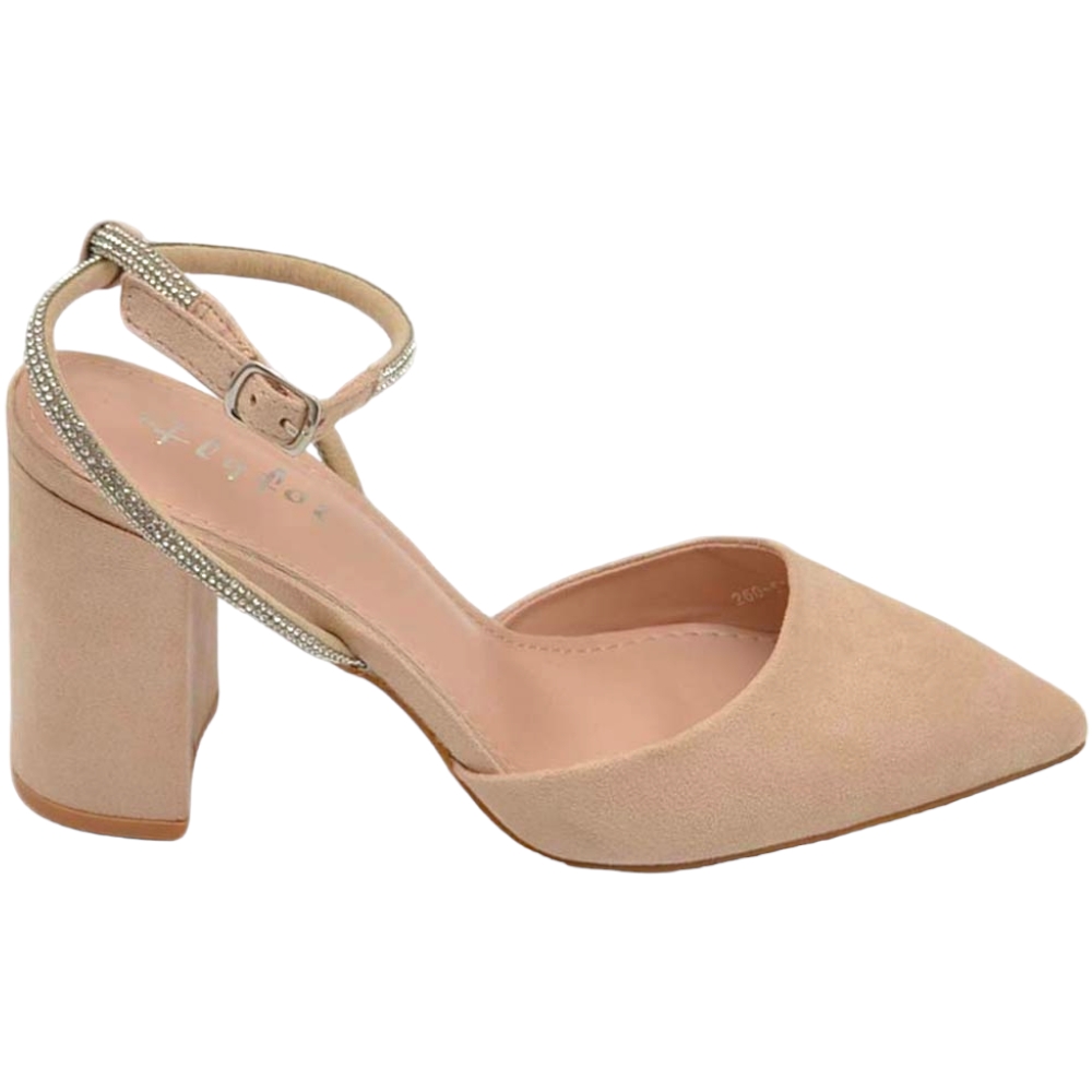 Scarpe decollete donna slingback in camoscio beige aperto sul tallone con cinturino di strass incrociato alla caviglia.