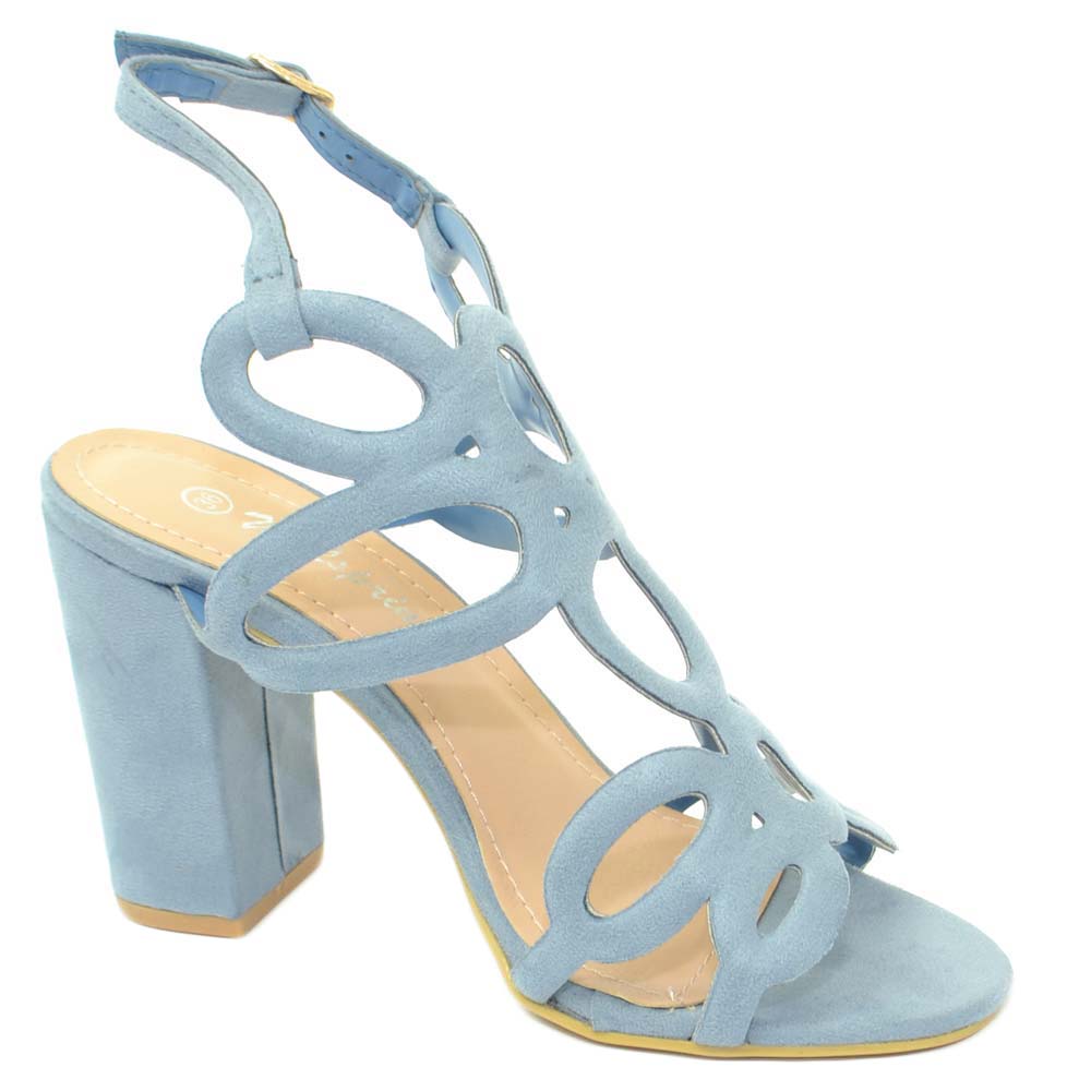Sandalo donna nubuk azzurro polvere tacco largo cinturino alla caviglia  aperto sul calcagno fantasia floreale laser moda donna sandali tacco Malu  Shoes | MaluShoes