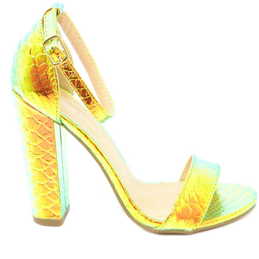 Sandalo donna in vernice specchiata riflettente oro e colori  fluo stampa pitonata tacco largo cinturino alla caviglia
