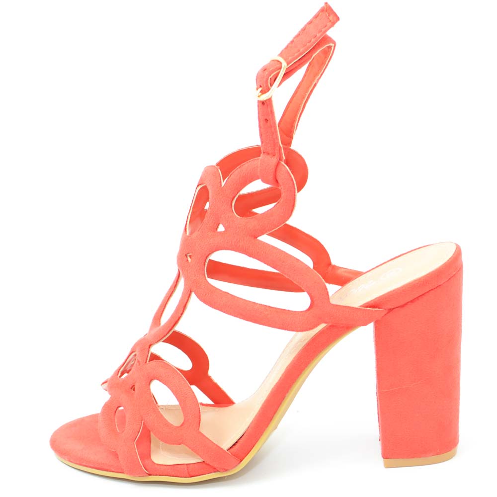 Sandalo donna nubuk corallo tacco largo con cinturino alla caviglia aperto  sul calcagno fantasdia floreale laser moda donna sandali tacco Malu Shoes |  MaluShoes