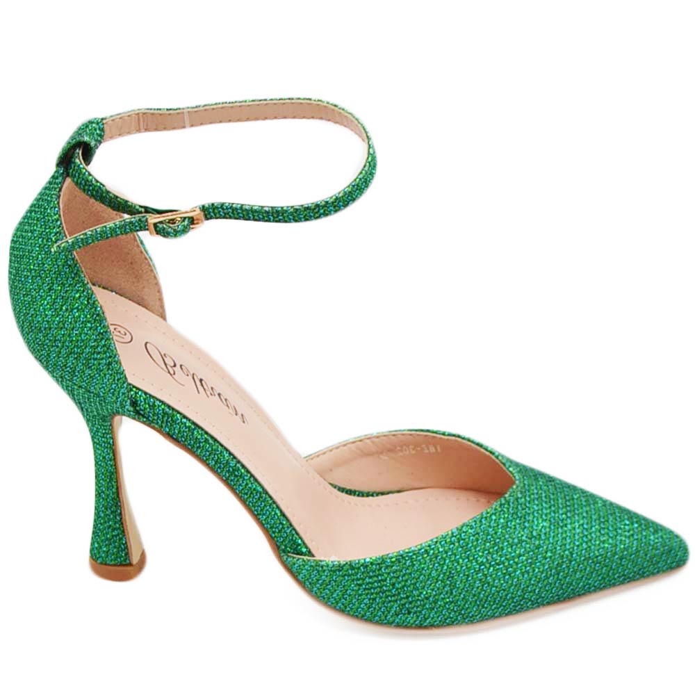 Decollete donna in glitter verde bosco con cinturino alla caviglia e tacco a base stabile 10 cm elegante comodo