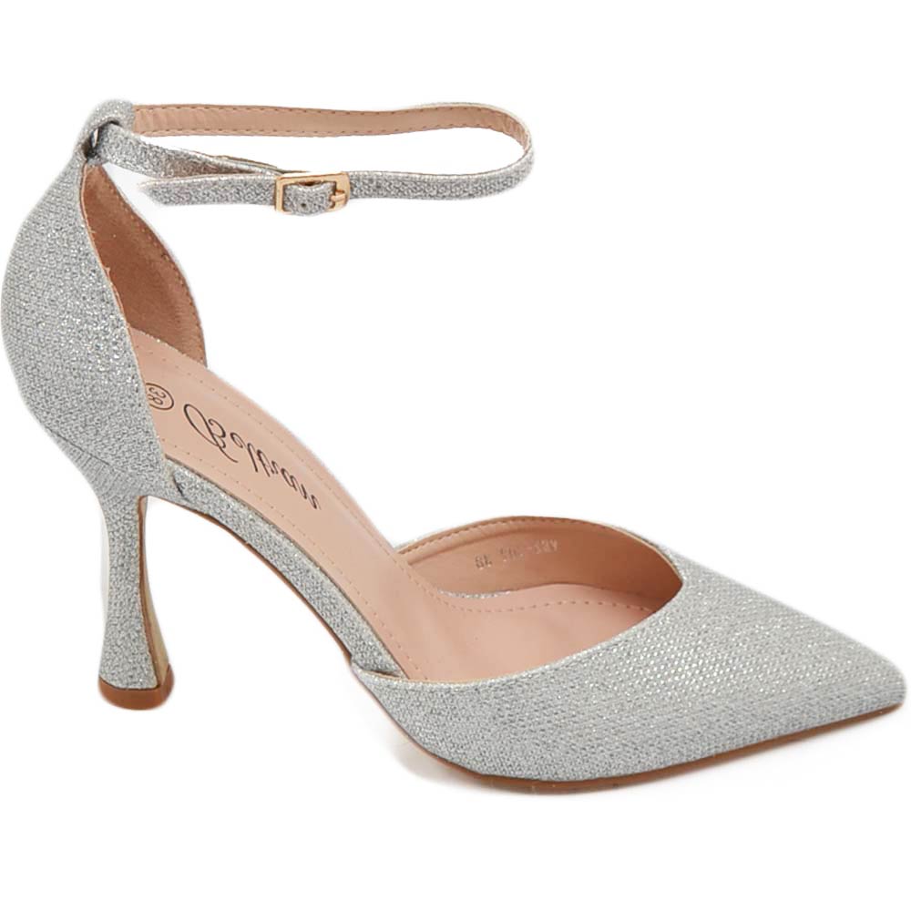 Decollete donna in glitter argento con cinturino alla caviglia e tacco a base stabile 10 cm elegante comodo