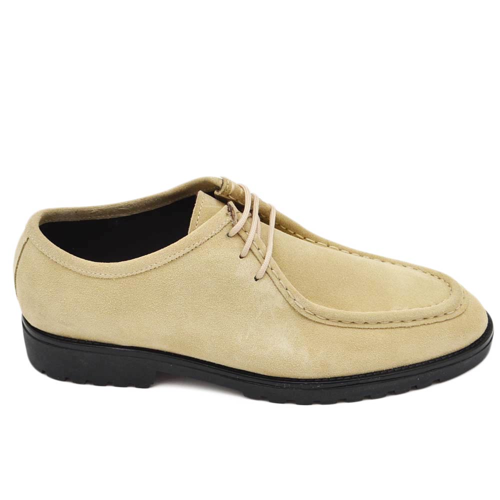 SCARPA UOMO MODELLO INGEGNERE IN VERA PELLE SCAMOSCIATA BEIGE CON GOMMA NERA ULTRALEGGERA E LACCI TONO SU TONO