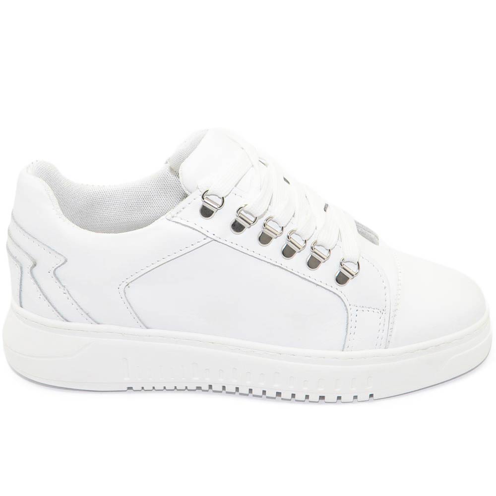 Sneakers bassa uomo bianca liscia in vera pelle con ganci argento e fulmini fondo army bianco moda giovane street