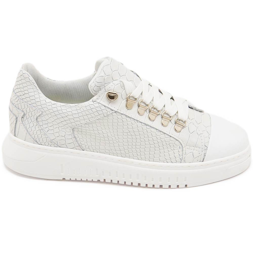 Sneakers uomo army bianca in vera pelle stampa anaconda bianco con ganci argento e punta liscia fondo alto gomma