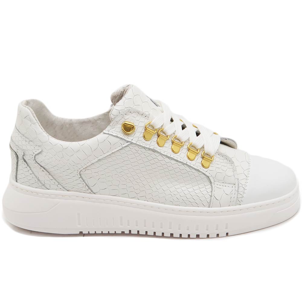 Sneakers bassa uomo anaconda bianco cocco in vera pelle con punta liscia ganci oro fondo army bianco moda giovane street