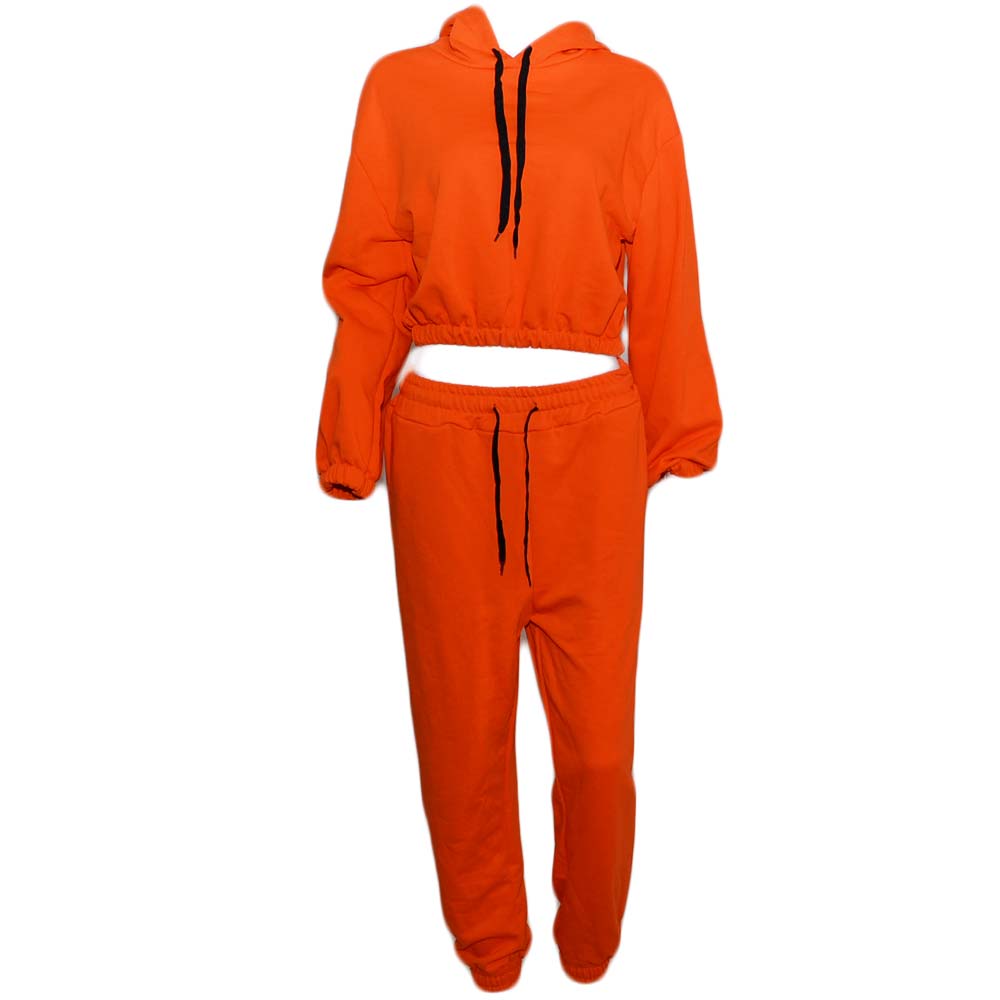 Tuta coordinato donna arancio neon pantalone jogger elastico in vita e alla caviglia felpa drop con cappuccio moda trend.