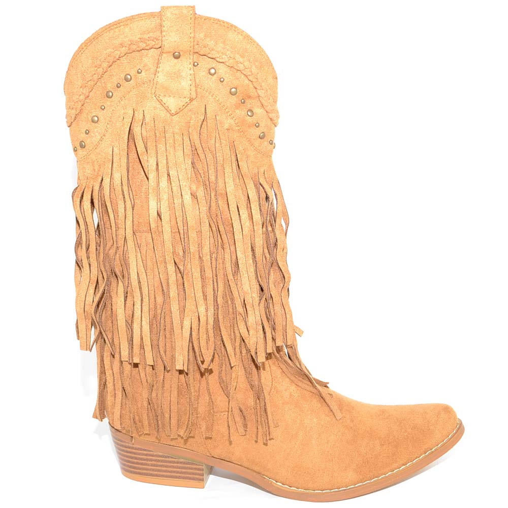 Stivali donna camperos texani cuoio scamosciati con frange lunghe e borchie western moda al polpaccio mexico cowboy
