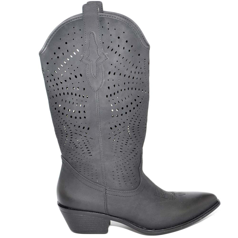 Stivali donna camperos texani stile western neri con gambale traforato in ecopelle laser tacco basso altezza polpaccio