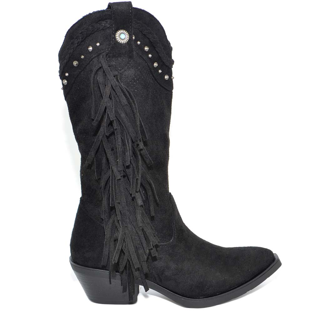 Stivali donna camperos texani nero scamosciati con frange borchiette western moda altezza polpaccio style mexico cowboy