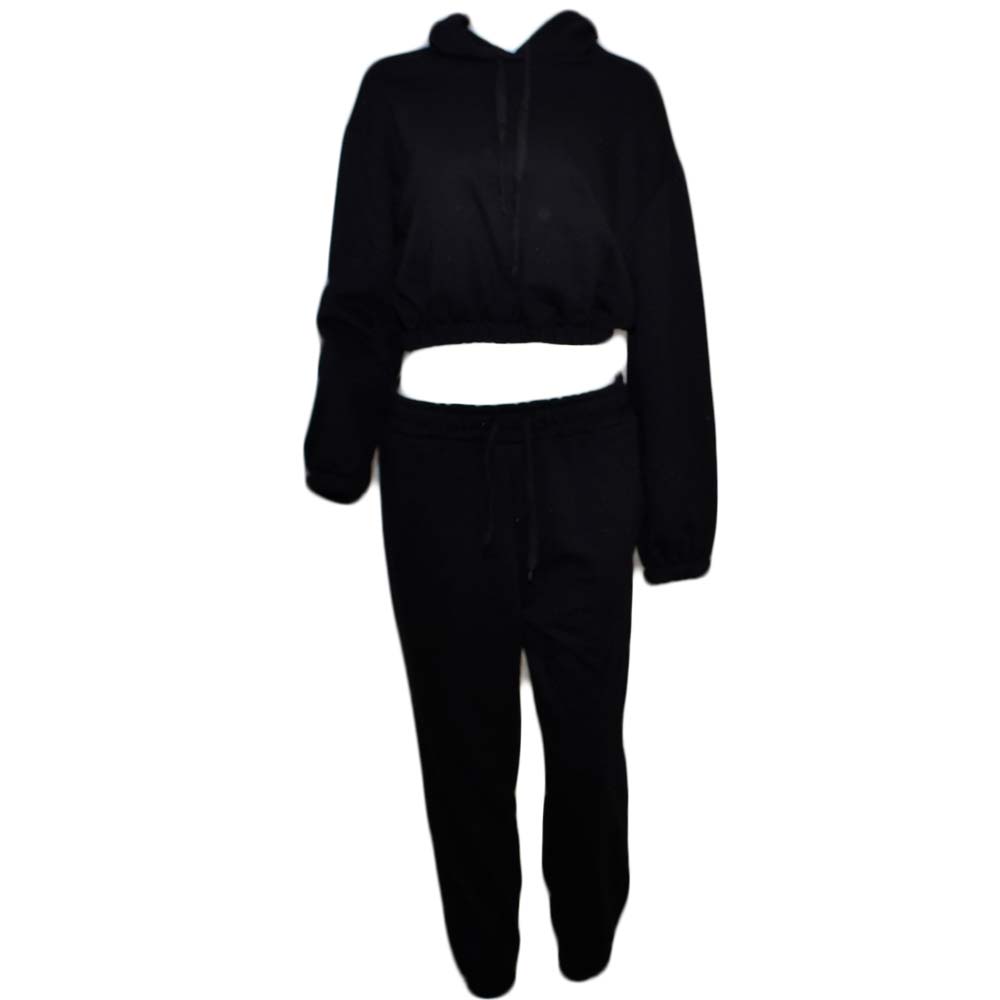 Tuta coordinato donna nero pantalone jogger elastico in vita e alla caviglia felpa drop con cappuccio moda trend
