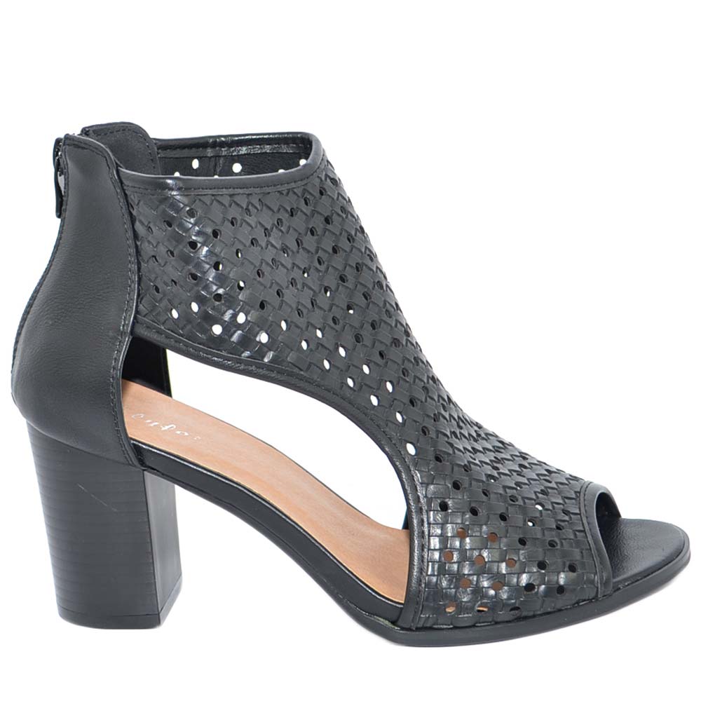 Tronchetto donna estivo nero con tacco largo comodo aperto ai lati traforato open toe spuntato con zip