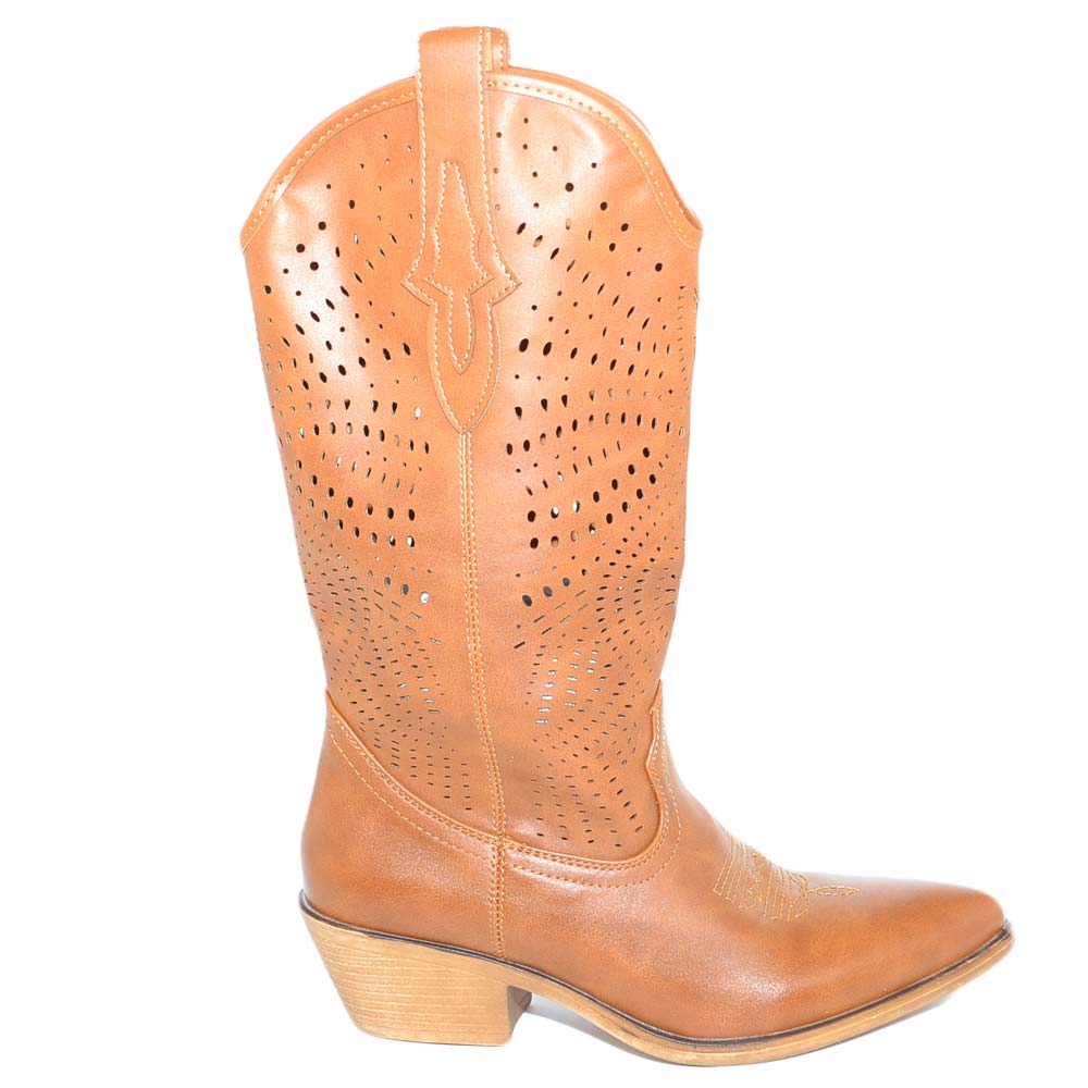 Stivali donna camperos texani stile western cuoio con gambale traforato ecopelle laser tacco basso altezza polpaccio