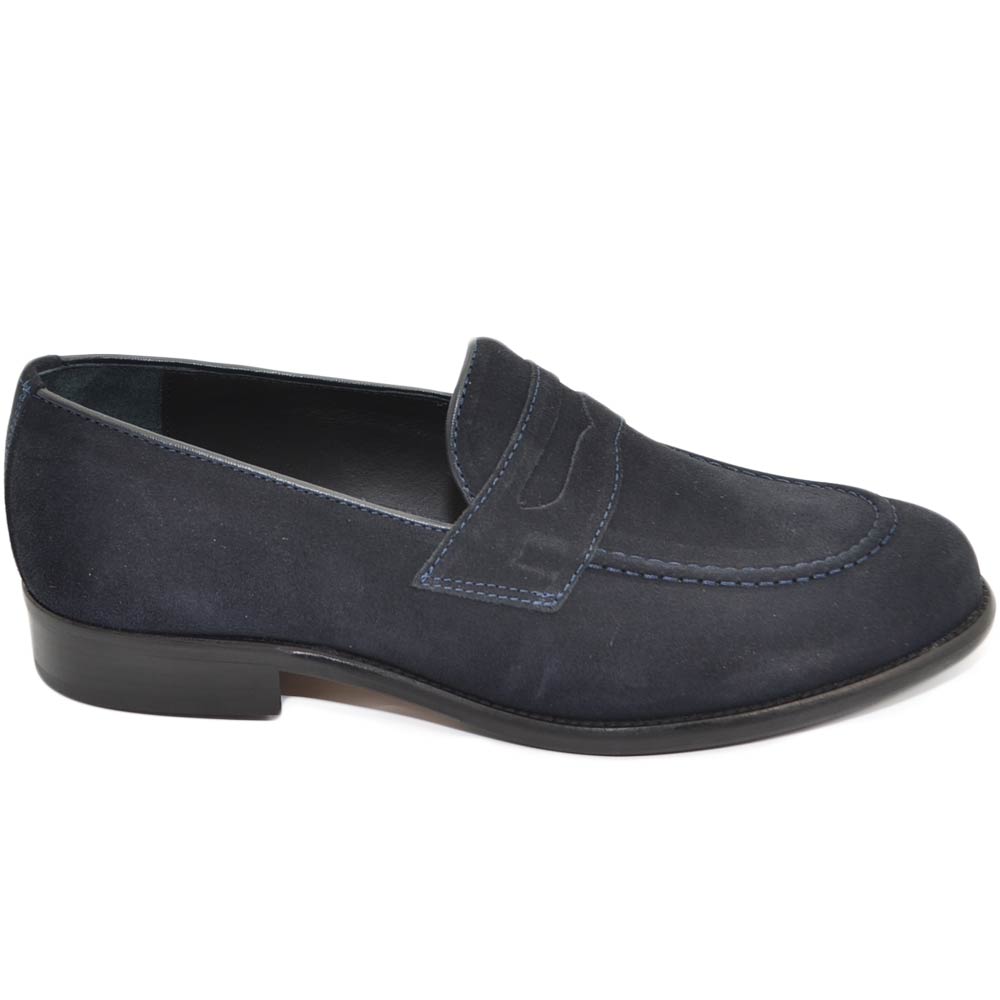 Mocassino scarpe college uomo in vera pelle scamosciato blu handmade con bendina suola cuoio antiscivolo made in italy