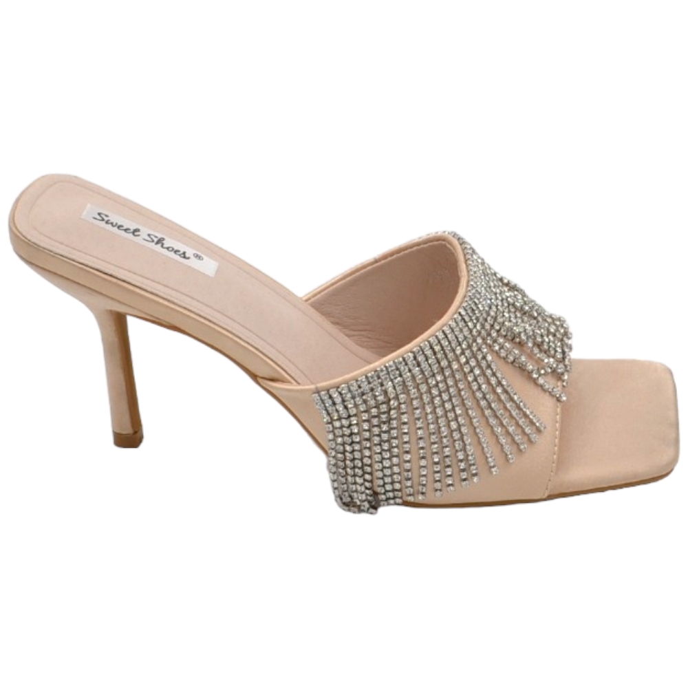 Sandalo gioiello nude donna tacco sottile 8 cm fascia larga con strass pendenti luccicanti cerimonia evento open toe.