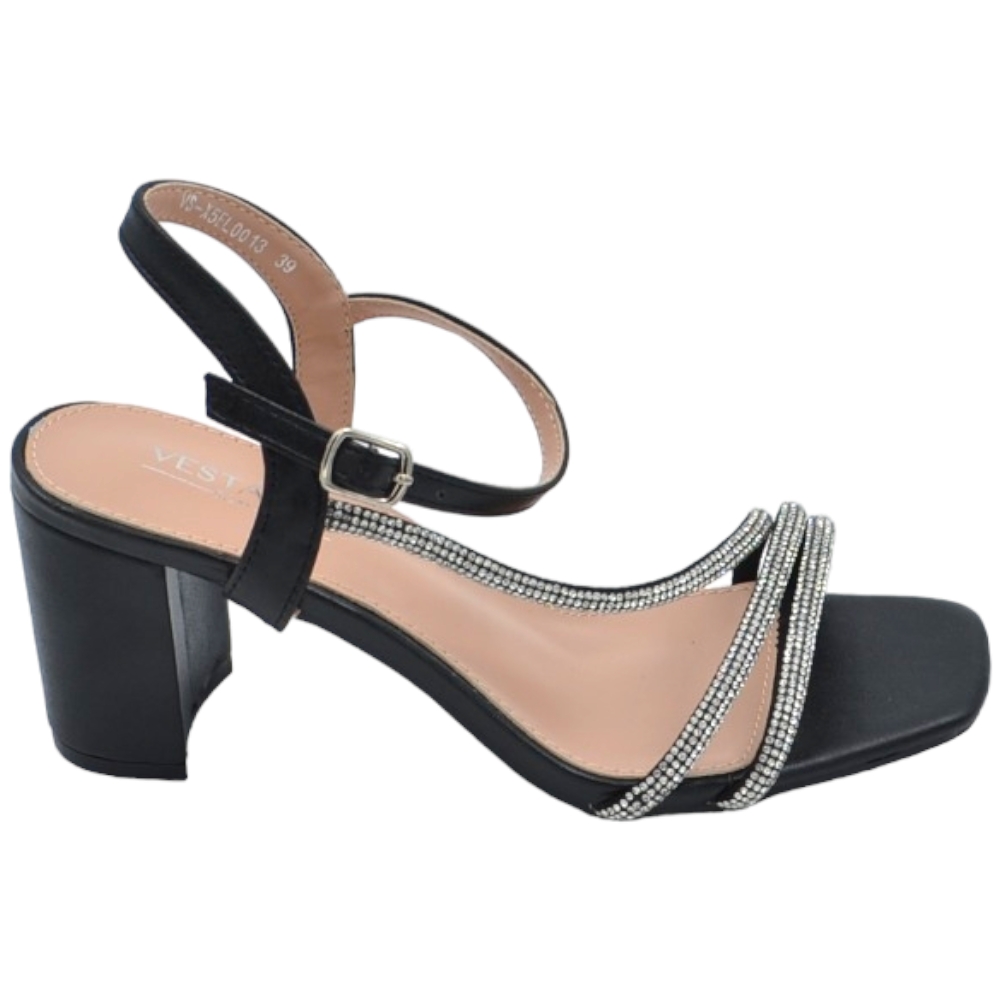 Scarpe sandalo donna nero pelle lucida con fasce a incrocio con strass chiusura alla caviglia sling back lltacco 5cm