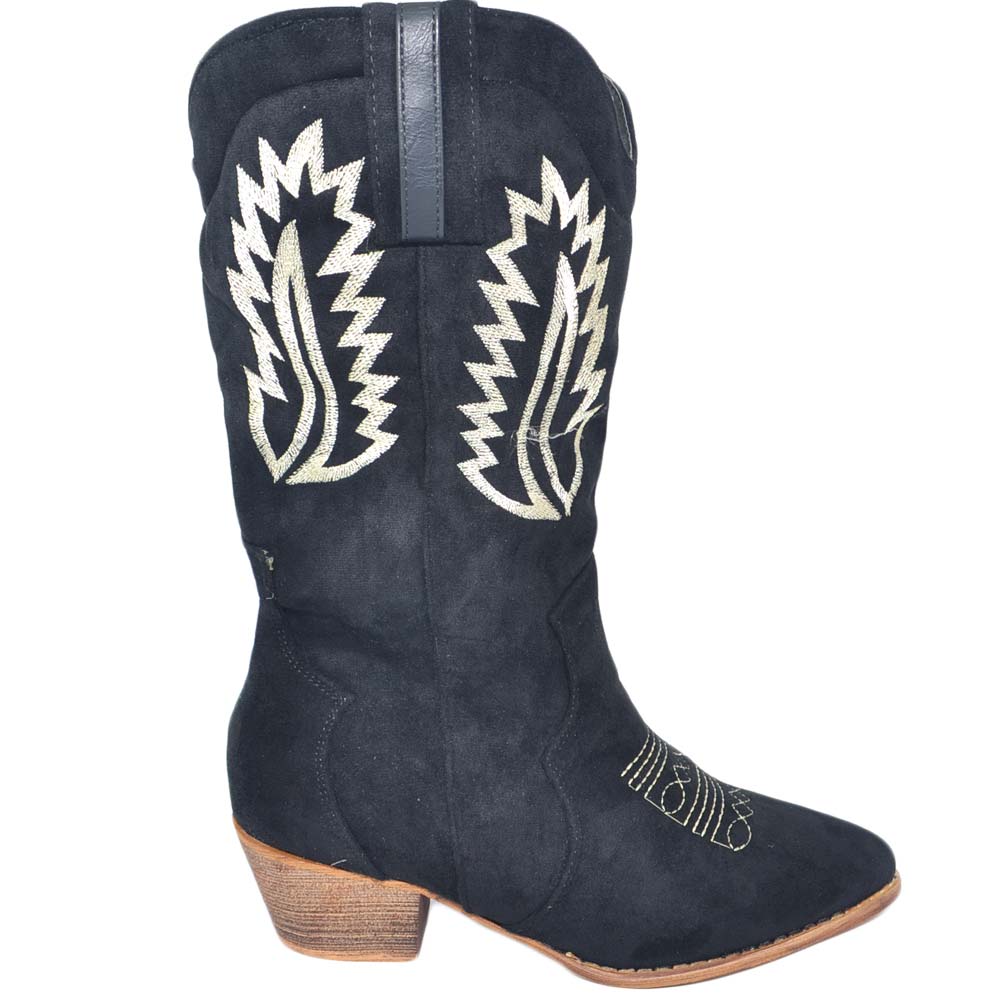 Stivali donna camperos texani stile western effetto scamosciato nero con cuciture a contrasto  unita altezza polpaccio