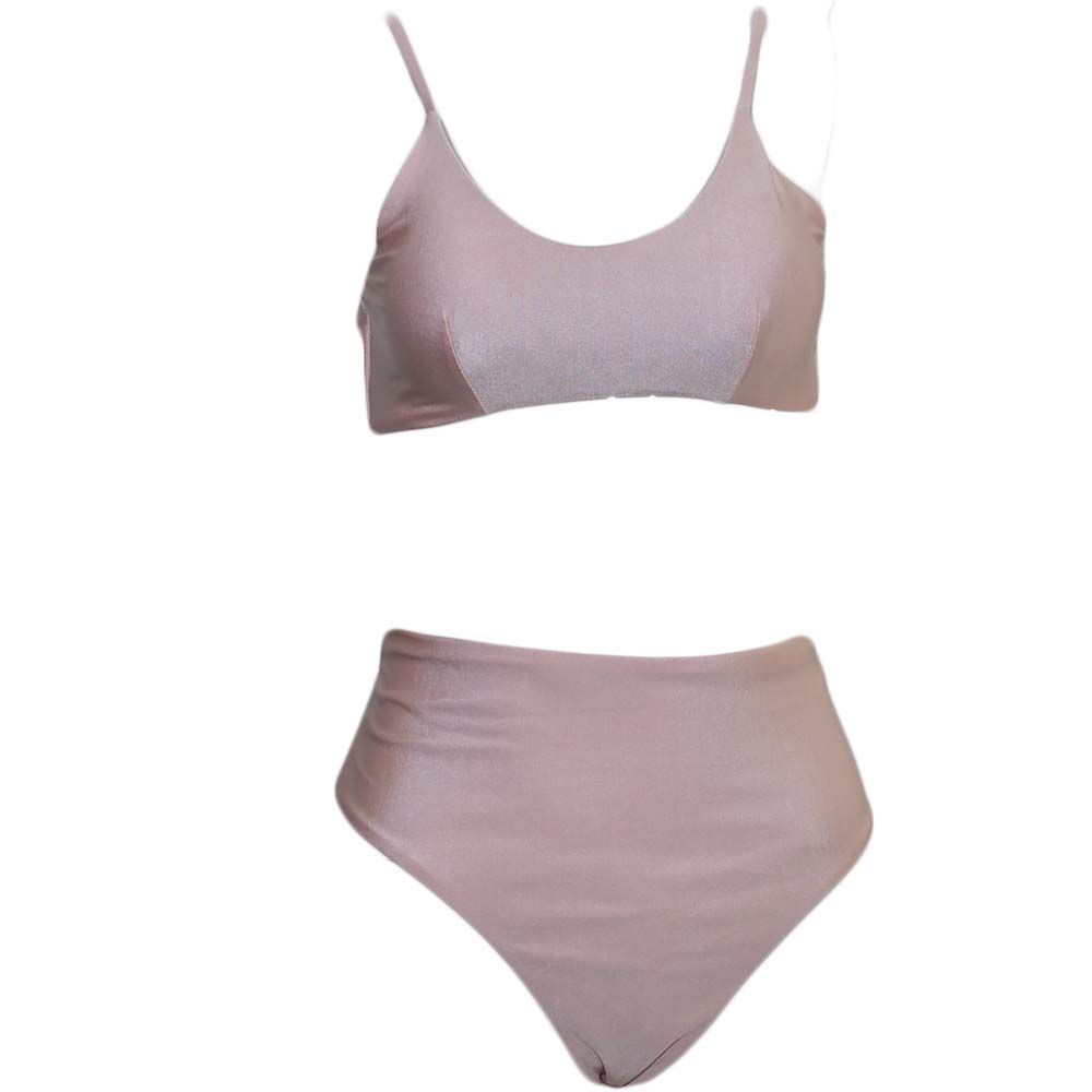 Costume da bagno donna bikini swimwear con culotte brasiliana a vita alta e top bralette regolabile rosa cip satin moda 