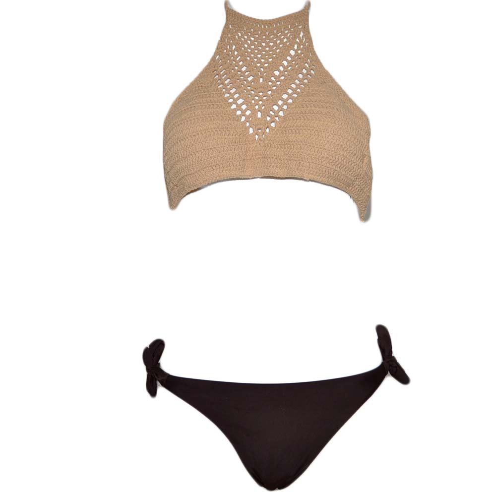 Costume da bagno donna bikini swimwear con trop crop macrame' beige e slip brasiliana marrone coordinato con laccetto 