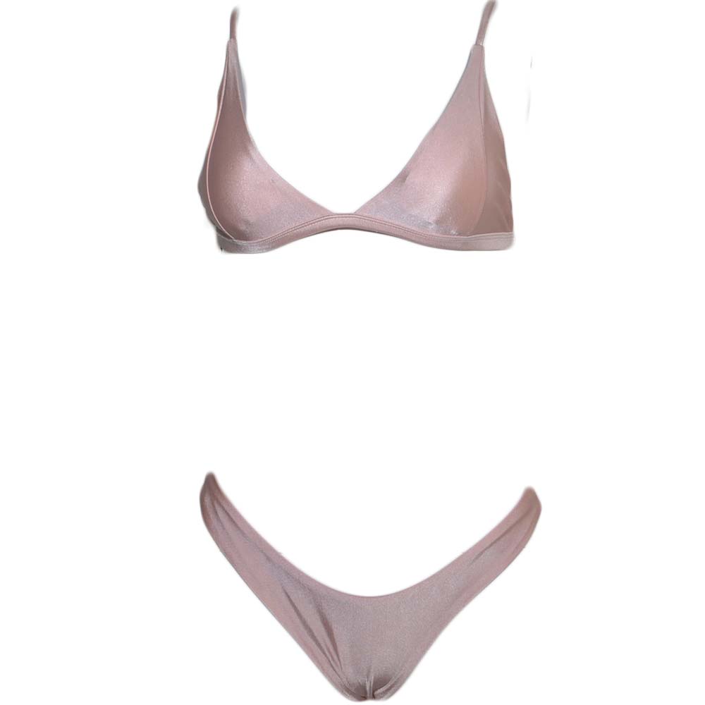 Costume da bagno donna bikini swimwear con slip brasiliana sgambata vita alta e top triangolino regolabile rosa satin