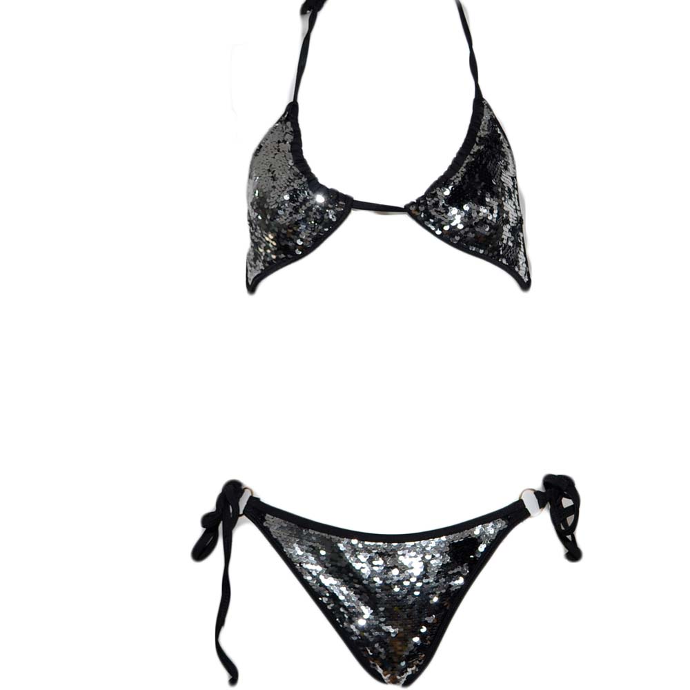 Costume da bagno donna due pezzi  swimwear bikini slim paillettato nero argento e slip brasiliana coordinato regolabile