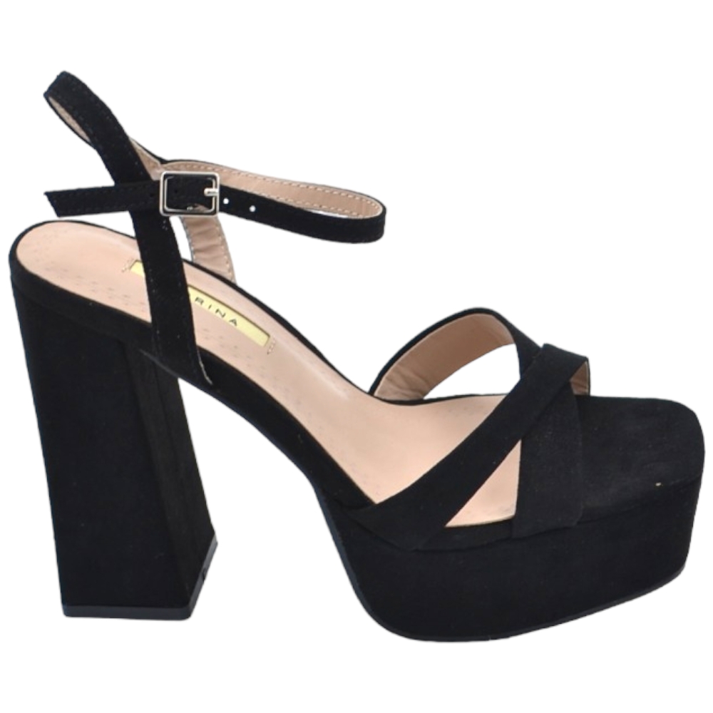 Scarpe sandalo donna camoscio nero platform punta quadrata tacco largo 12 cm con plateau 4 cm cinturino alla caviglia .