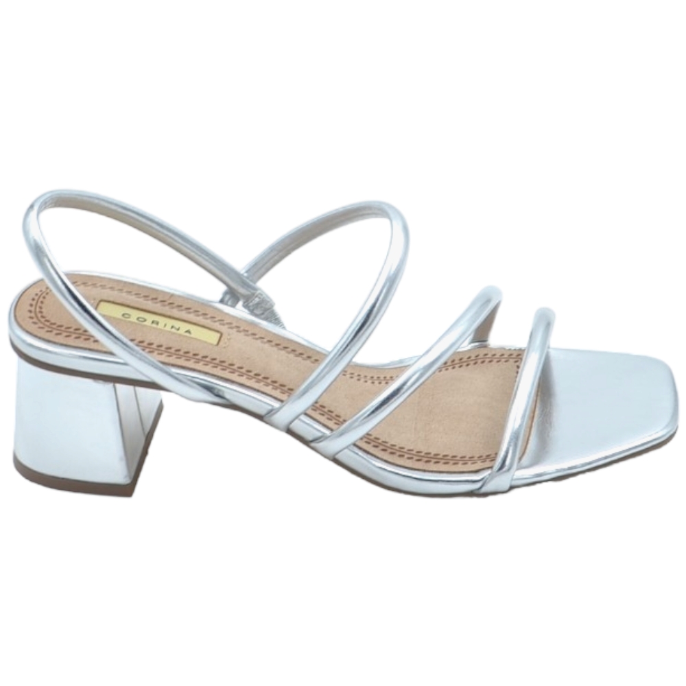 Sandali donna Corina in satinato argento con fascette morbide e tacco in legno 3 cm comodo elegante 