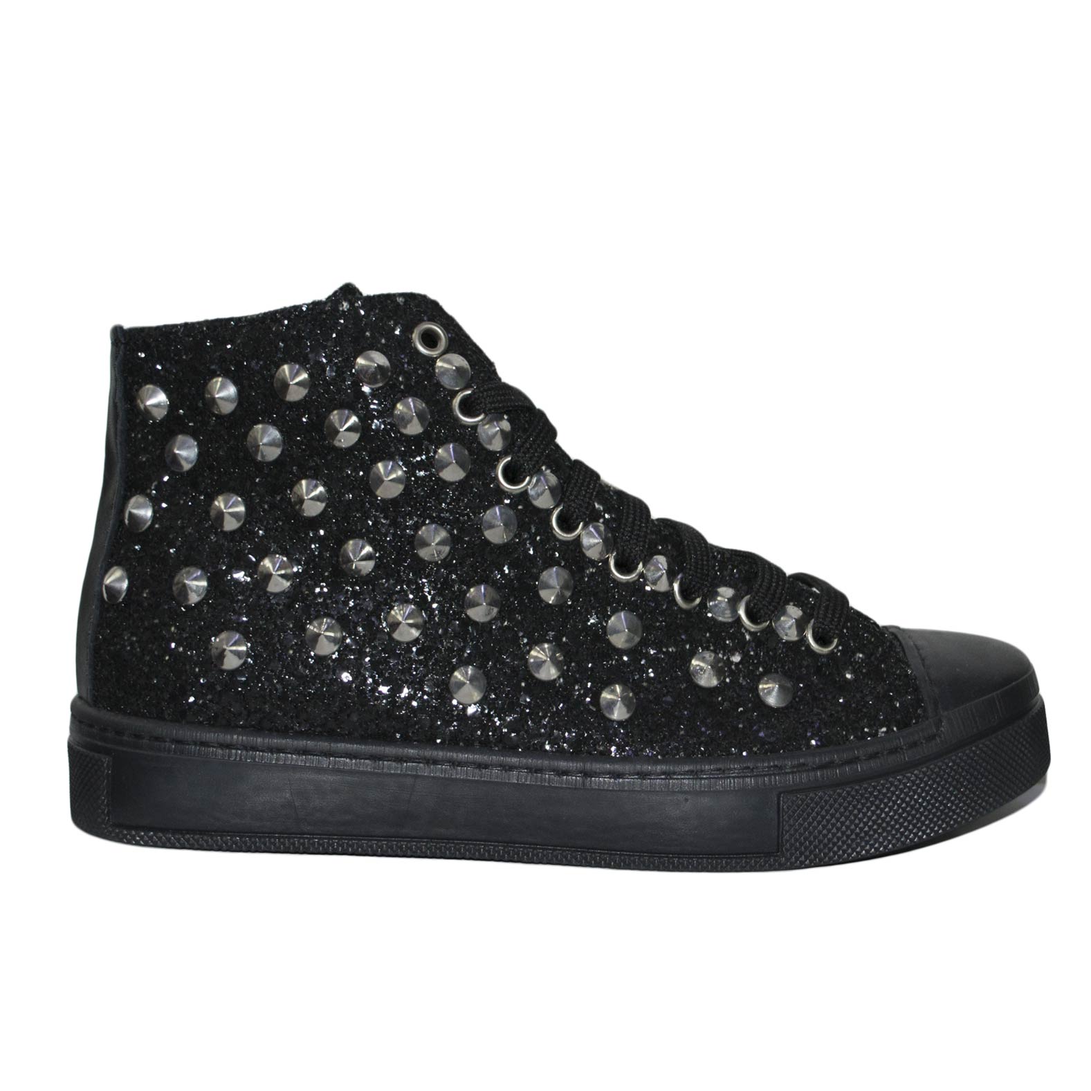 Sneakers alta art.sb078 nero con glitter made in italy con fondo antiscivolo moda comfort