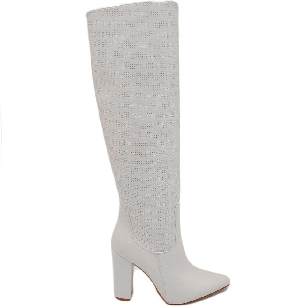 Stivale donna alto rigido in pelle bianco traforato tacco largo liscio linea basic a punta moda altezza ginocchio zip.