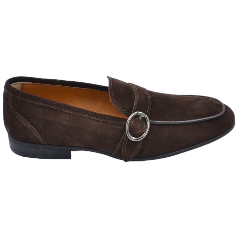 Mocassino uomo collage con fibbia argento in pelle scamosciata marrone fondo cuoio con antiscivolo rinforzo tallone