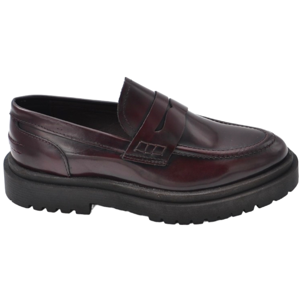 Mocassini uomo college con bendina in vera pelle abrasivata bordeaux spazzolato fondo gomma alto nero 4,5 cm