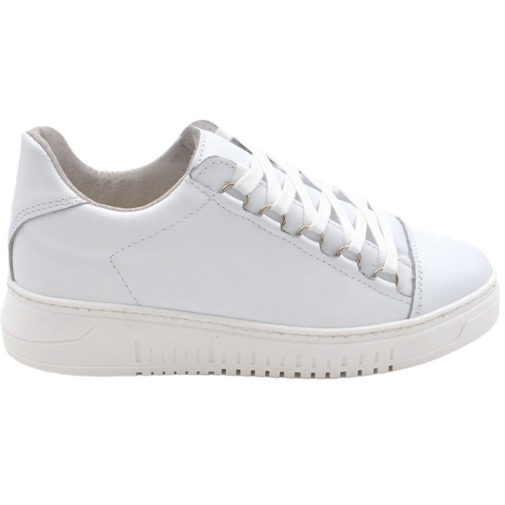 Sneakers bassa uomo bianca in vera pelle riporto bianco e lacci in tinta con ganci oro fondo army 3,5 cm made in italy