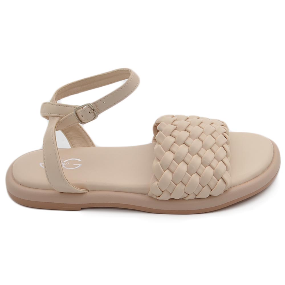 Sandalo basso donna estivo beige con rialzo e memory fora fascia intrecciata e cinturino alla caviglia