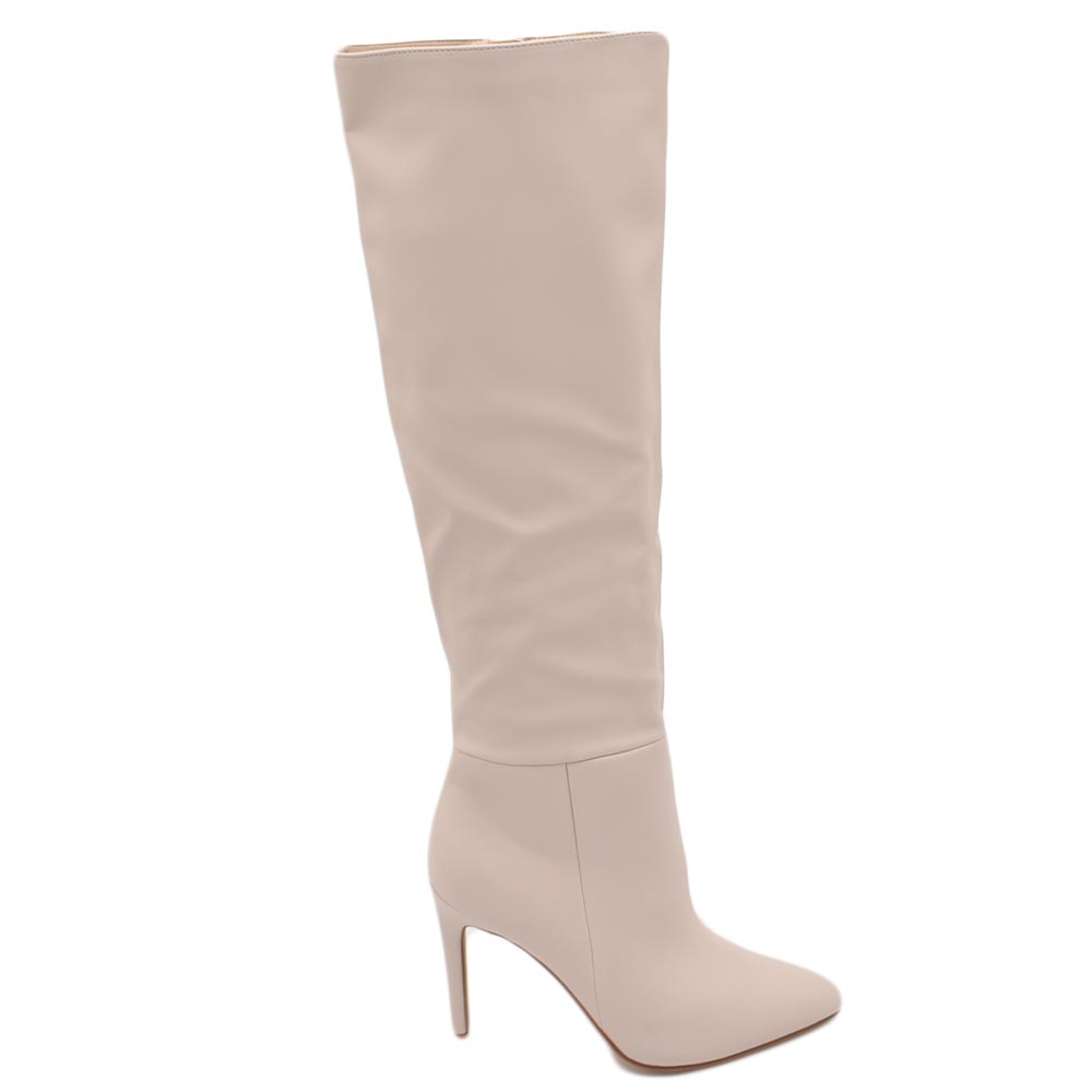 Stivale alto donna beige in ecopelle effetto calzino con tacco a spillo sottile 12cm aderente con zip e punta moda