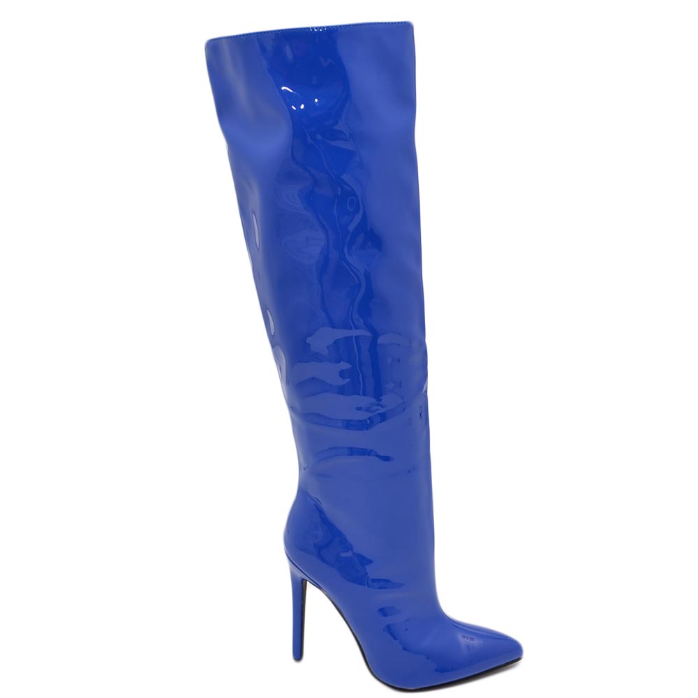 Stivale alto donna blu in ecopelle lucida effetto calzino con tacco a spillo sottile 12cm aderente con zip e punta moda