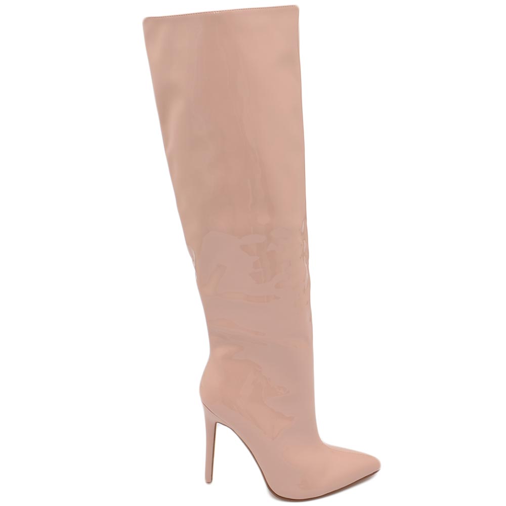 Stivale alto donna beige nude ecopelle lucida effetto calzino con tacco a spillo sottile 12cm aderente zip e punta moda.