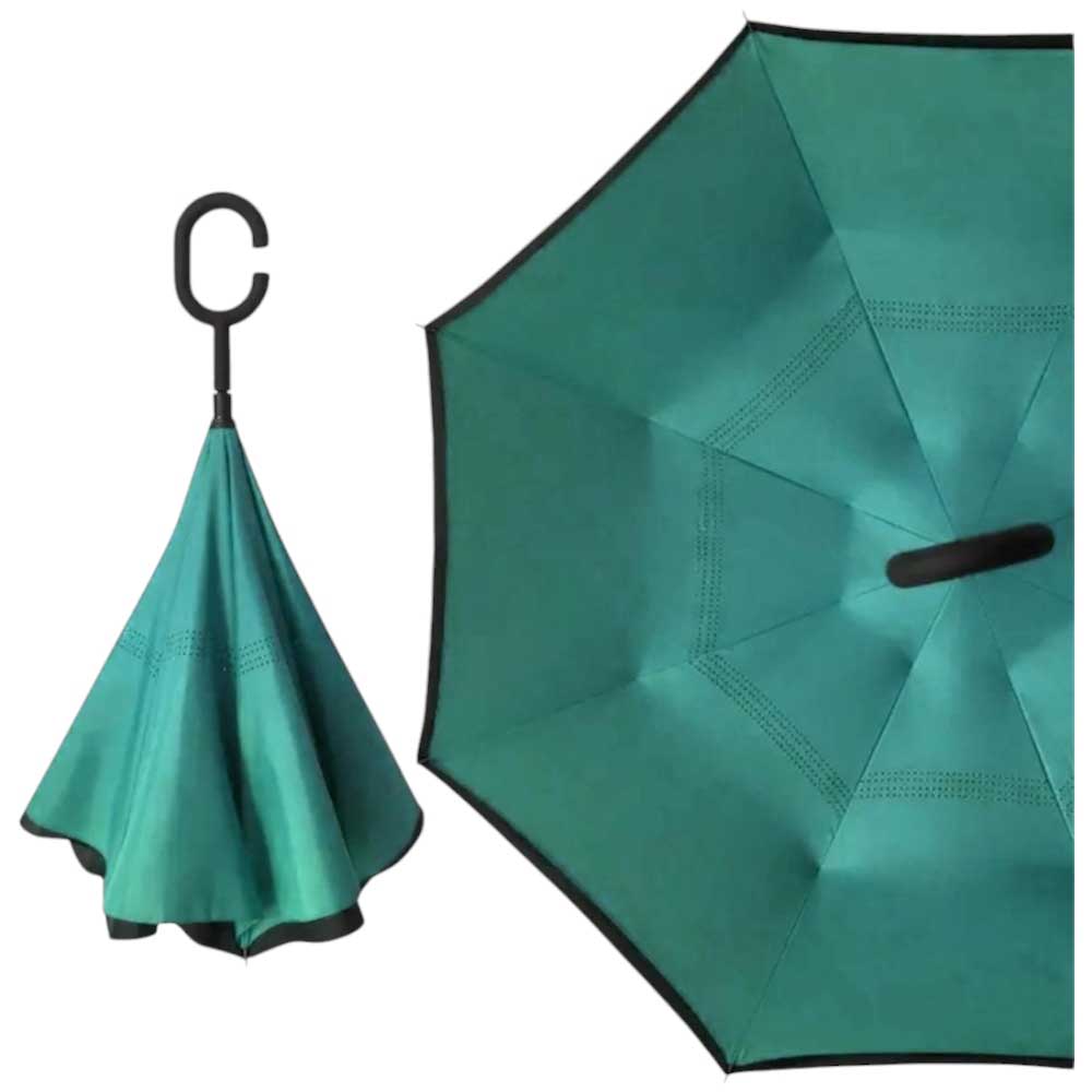 Ombrello invertito doppio strato verde antivento con Manico a Forma di C Ribaltabile Inverso Anti uv Automatico 