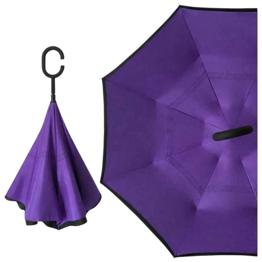 Ombrello invertito doppio strato viola antivento con manico a forma di c ribaltabile inverso anti uv automatico .