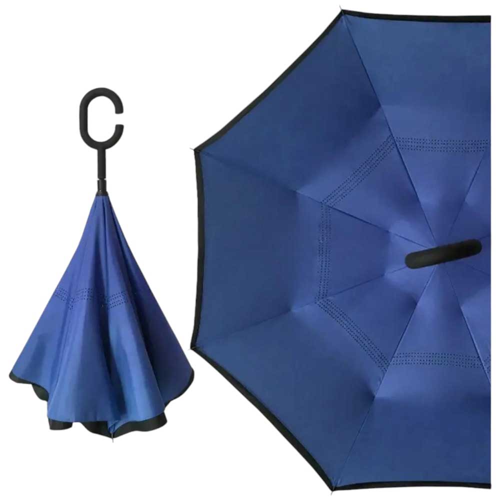 Ombrello blu  invertito doppio strato antivento con Manico a Forma di C Ribaltabile Inverso Anti UV