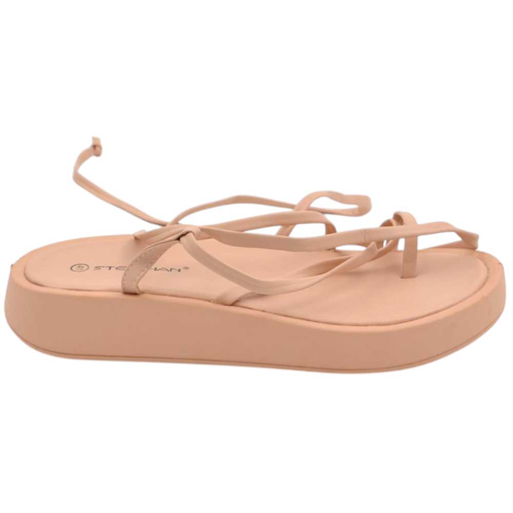 Sandali donna beige con platform con fasce sottili incrociate e lacci alla schiava al polpaccio moda.