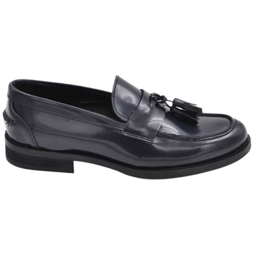 Scarpe uomo mocassini inglese college nappine bon bon vera pelle blu semilucido fondo cuoio con antiscivolo.