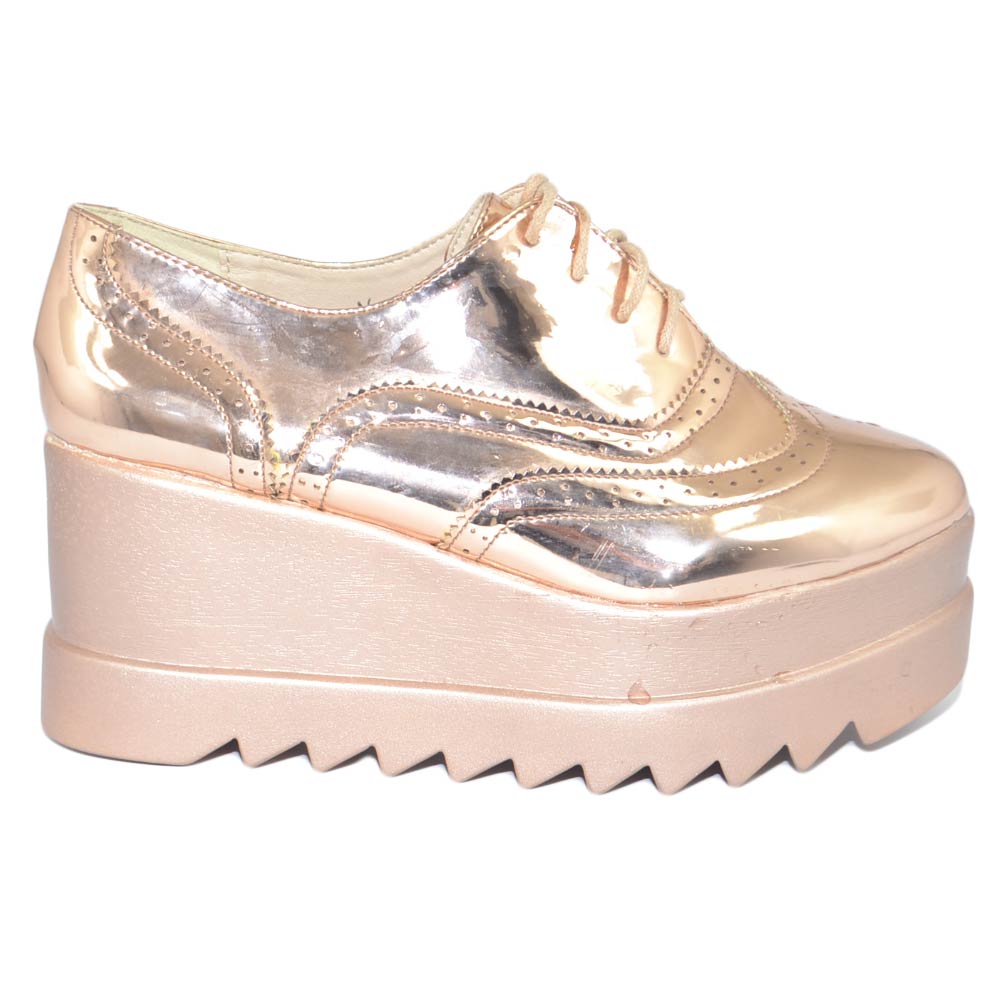 Scarpa stringate platform lucide champagne con para rettilinea gomma light oro rosa in tinta ultraggera comfort