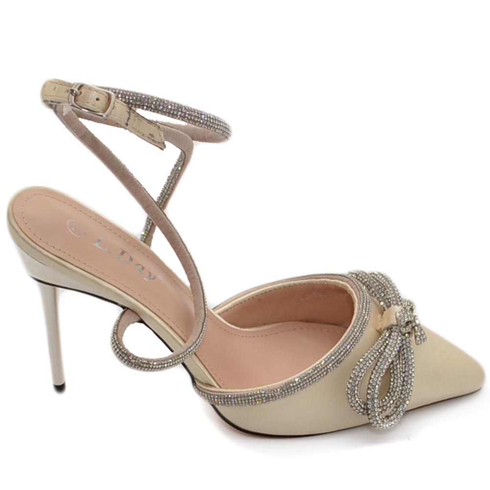 Decollete' donna gioiello elegante fiocco strass in raso beige con tacco a spillo 120 e cinturino scintillante moda